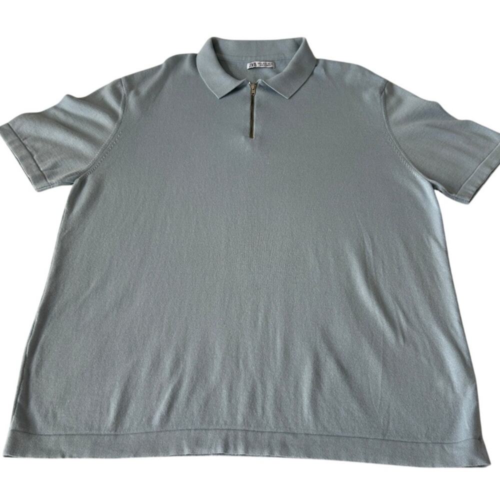 Zara Men's 1/4 Zip Sweater Top Short Sleeve Size XL Light Blue Collared Preppy